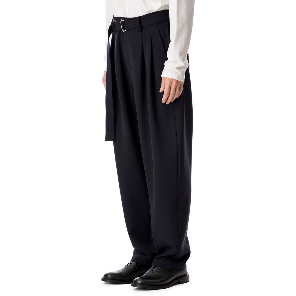 PE STRETCH DOUBLE CLOTH BELTED TAPERED FIT TROUSERS