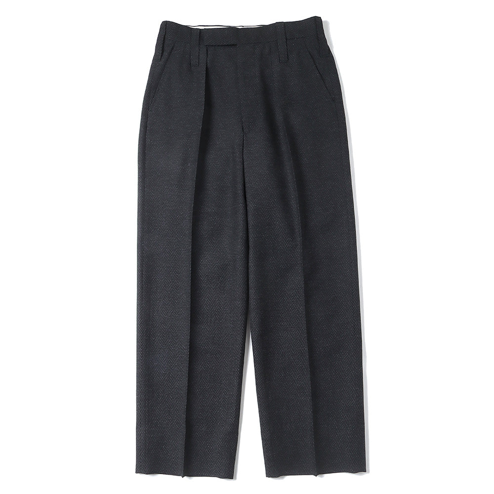 HERRING BONE WOOL SUITING 1-TUCK WIDE TAPERED SLACKS