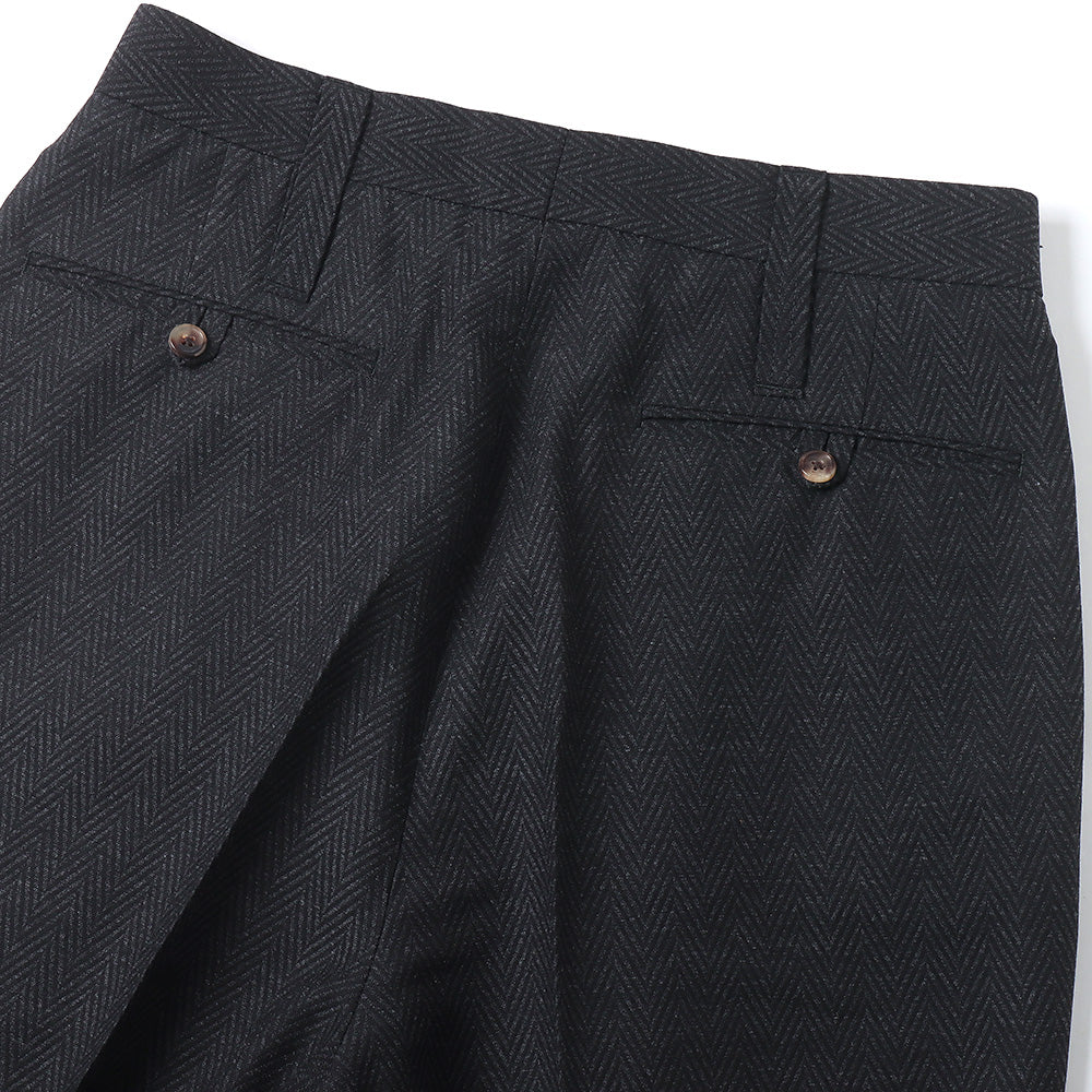 HERRING BONE WOOL SUITING 1-TUCK WIDE TAPERED SLACKS