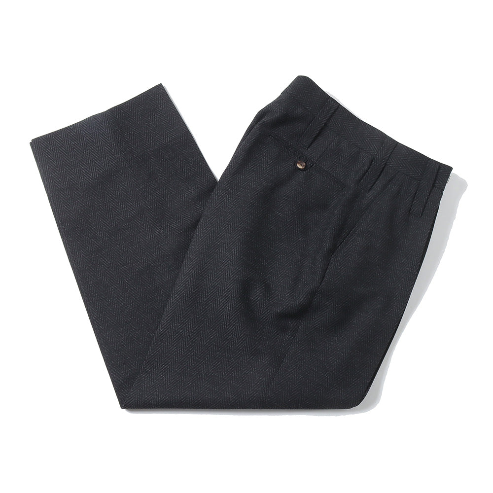 HERRING BONE WOOL SUITING 1-TUCK WIDE TAPERED SLACKS