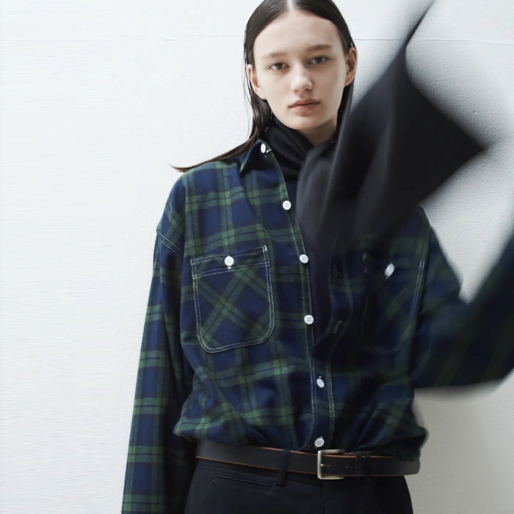 HYPER BIG TARTAN WOOL DRAPE MILITARY WORK SHIRTS